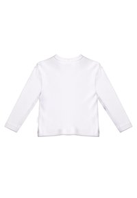 Langärmeliges weißes Baumwollhemd mit rundem Ausschnitt und einfacher Säumung. Glatte Textur, keine Muster oder sichtbaren Hardware-Details. Nur Rückansicht.