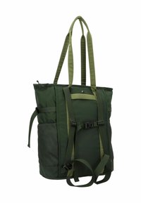 Borsa tote in nylon verde con spalline regolabili, tasca laterale in rete e chiusura a fibbia. Presenta un design strutturato e cuciture rinforzate.