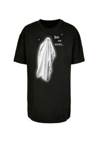 Schwarzes Baumwoll-T-Shirt mit einem weißen Geist-Graphic mit schwarzen Augen und Glitzer, neben dem Text "Boo UND SO..." in Weiß.