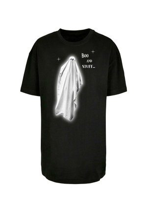 Black cotton t-shirt featuring a white ghost graphic with black eyes and sparkles, alongside the text "Boo AND STUFF..." in white.