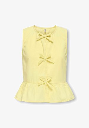 Mouwloze lichtgele blouse met ronde halslijn, drie strikjes aan de voorkant en een geplooide peplumzoom.