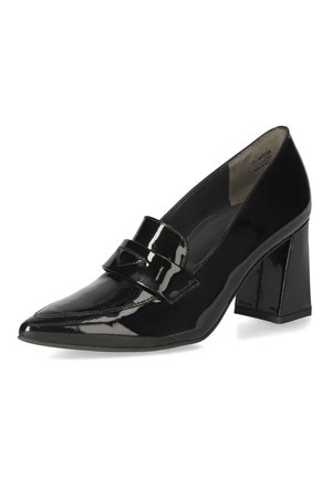 Czarny lakierowany czółenek z zaostrzonym noskiem, obcasem blokowym i ozdobnym paskiem na przodzie. Gładka, błyszcząca powierzchnia o wyraźnie zarysowanej sylwetce.