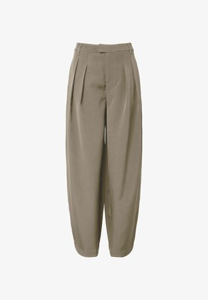 Light brown trousers with a loose fit, featuring front pleats, a mid-rise waist, and cuffed hems. Made from smooth, textured fabric.