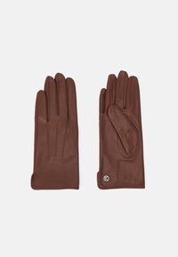 Braune Lederhandschuhe mit drei verlängerten Fingern und einer weichen Textur. Verfügen über ein silbernes Logo-Akzent. Einfaches Design, ohne Muster.
