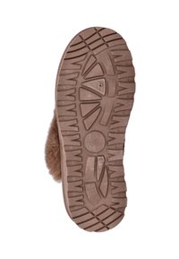 Rubberen zool met een gestructureerde grip, met een fluweelzachte bruine bovenzijde en een maat 37 aanduiding. Ontworpen voor comfort en duurzaamheid.