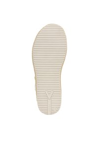 Sole of a shoe, textured rubber with horizontal grooves, primarily cream color, featuring a small embossed logo and smooth edges.