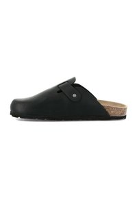 Zoccolo in gomma nera con soletta in sughero, dotato di punta arrotondata e fascia laterale con un piccolo bottone metallico. Suola testurizzata per una migliore aderenza.