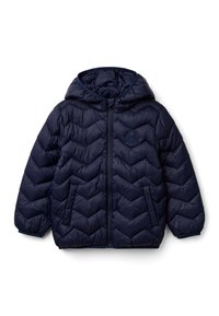 Námořnická modrá péřová bunda s kapuc�í, se vzorem v šikmých pruzích, předním zipem, dvěma bočními kapsami a malým logem na hrudi.