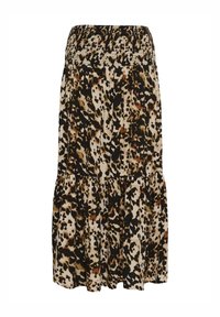 Jupe à imprimé léopard avec une taille smockée, un design à étages et un tissu fluide dans des teintes de beige, noir et marron.