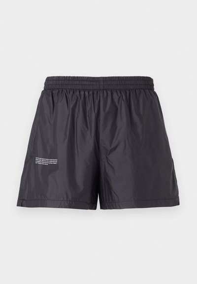 Men's black swim shorts with an elastic waistband, lightweight, breathable fabric, featuring a small printed text detail on the left side.