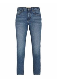 Schmale Jeans aus mittelblauem Denim, ausgestattet mit einem Fünf-Taschen-Design, einem Reißverschluss mit Knopfverschluss und subtilen Ausbleichungen an den Beinen.