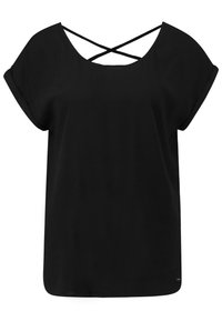 Top nero a maniche corte con scollatura ampia e spalline incrociate sulla schiena. Realizzato in tessuto morbido con una vestibilità rilassata e senza motivi visibili.