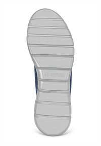 Blaues Sportschuhsohlenprofil mit einer strukturierten, flexiblen Gummibasis, horizontalen Rillen und einem Logo-Abdruck für besseren Halt.