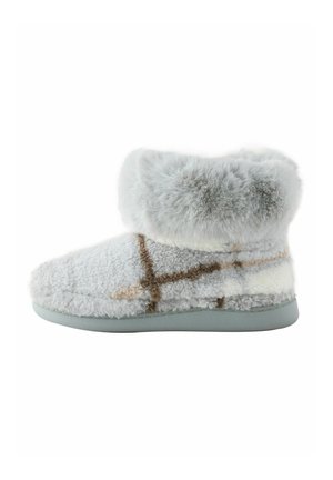 Faux fur ankle boot in light gray with a cream and brown checked pattern, featuring a plush cuff and textured sole for added grip.