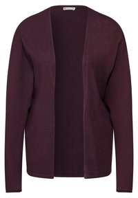 Bordowy kardigan wykonany z miękkiego materiału, z otwartym przodem, długimi rękawami i luźnym krojem, charakteryzujący się prostym, jednolitym kolorem bez wzorów.