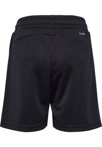 Svarta träningsshorts med elastiskt midjeband, slät textur och ett subtilt mönster, med en liten logotyp på baksidan.
