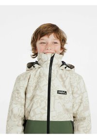 Helle beige und grüne Jacke mit Graffiti-Muster, hohem Kragen, Reißverschluss und Marken-Patch auf der Brust.