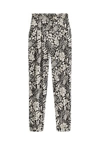 Mustavalkoiset kukkakuosiset housut, joissa on joustava vyötärö, suppilomaiset lahkeet ja sileä kangaspinta.