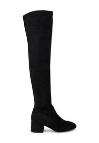 Botas negras hasta la rodilla hechas de ante con un acabado texturizado. El tacón cuadrado cuenta con diamantes de imitación decorativos, realzando el diseño general.