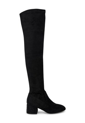 Black knee-high boots made of suede with a textured finish. The block heel features decorative rhinestones, enhancing the overall design.