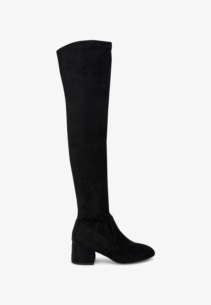 Botas negras hasta la rodilla hechas de ante con un acabado texturizado. El tacón cuadrado cuenta con diamantes de imitación decorativos, realzando el diseño general.