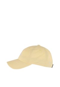 Cappellino da baseball giallo in cotone con visiera curvata, design a sei pannelli, logo ricamato sul davanti e cinturino regolabile sul retro.