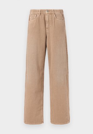Light brown straight-leg pants with elastic waistband, front button and zipper, and visible front and back pockets.