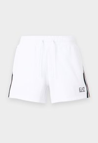 Λευκά αθλητικά σορτς από απαλό ύφασμα με ελαστική μέση, κορδόνι, πλαϊνές τσέπες και δι ακριτική ρίγα αντίθετου χρώματος. Λογότυπο EA7 στο ποδόγυρο.