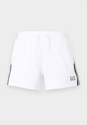 Λευκά αθλητικά σορτς από απαλό ύφασμα με ελαστική μέση, κορδόνι, πλαϊνές τσέπες και διακριτική ρίγα αντίθετου χρώματος. Λογότυπο EA7 στο ποδόγυρο.