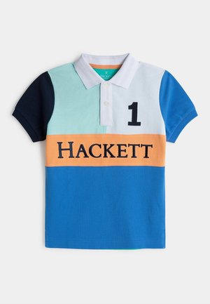 Polo à manches courtes avec col blanc, bicolore en marine, menthe, blanc, orange et bleu, avec les textes "1" et "HACKETT" sur le devant.