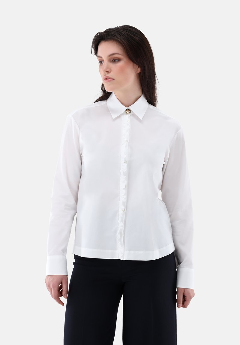 Camicia bianca con bottoni, realizzata in tessuto liscio, con colletto classico, bottoni frontali e un dettaglio decorativo sul colletto.