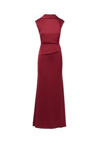 Dlouhá burgundská šaty se slim fit střihem, vysokým límečkem, bez rukávů a detailem peplum v pase, vyrobená z hladkého materiálu.