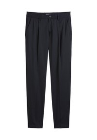 Pantalons noirs flexibles avec une taille élastique, poches latérales et une coupe droite. Tissu lisse sans motifs ou ornements visibles.