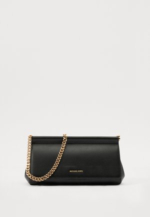Black leather clutch bag with a gold chain strap, featuring a smooth texture, rectangular shape, and embossed branding on the front.