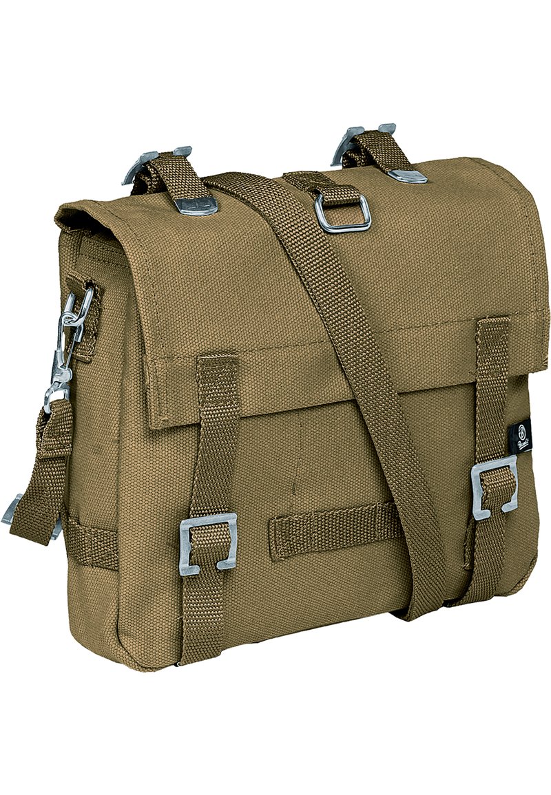 Brown canvas crossbody bag with adjustable strap, flap closure, and silver metal hardware. Features front pockets and durable fabric texture.