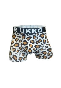 Boxershorts med leopardmönster som har en vit bas med svarta och orange mönster, elastisk svart midjeband med texten "RUKKO".