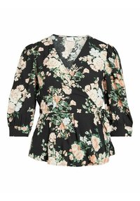 Top wrap floral preto com decote em V profundo, mangas bufantes de três quartos e cintura ajustada com bainha rodada, adornado com flores rosas e brancas.