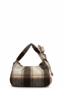 Sac à main en peluche à carreaux avec une texture douce dans des tons marron et crème. Présente une bandoulière nouée et une fermeture éclair, avec une forme de corps arrondie.