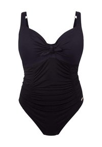 Mustat yksiosaiset uimapuvut, joissa on rypytetty tekstuuri, solmu yksityiskohta edessä, leveät olkaimet ja korkea jalka-aukko.