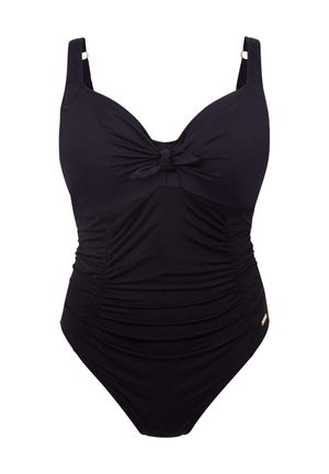 Sort badedragt i ét stykke med rynket tekstur, knudepunkt foran, brede stropper og højskåret bendesign.