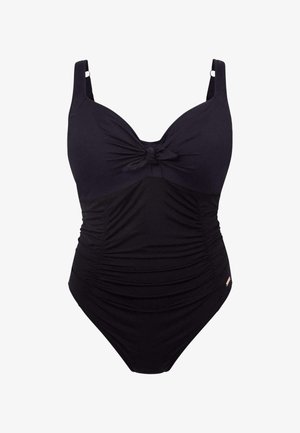Schwarzer Einteiler-Badeanzug mit geraffter Textur, einem Knoten-Detail vorne, breiten Trägern und einem hohen Beinausschnitt.