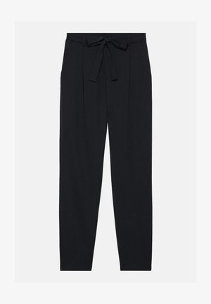 Black trousers made from a lightweight fabric. Features a waistband with a tie, pleats, and a tapered leg design. No pockets visible.