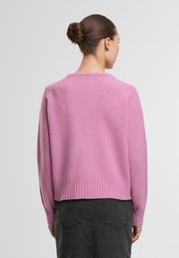 Rosa Pullover mit geripptem Saum und Bündchen, aus weichem Material. Verfügt über einen klassischen Rundhalsausschnitt und eine lässige Passform, zeigt die Rückansicht.