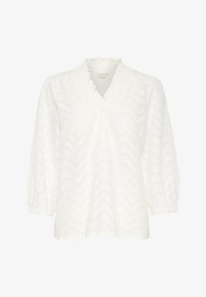 Valkoinen pitkähihainen paita, jossa on rypytetty V-pääntie, tekstuuriin perustuva sahalaitainen kuvio ja kerättyjä hihoja hihansuissa. Kevyt kangas.