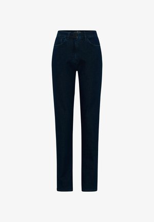 Dunkelblaue Jeans aus Denim mit geradem Bein, ausgestattet mit Fronttaschen, Knopfverschluss und einem einfachen, klaren Finish.