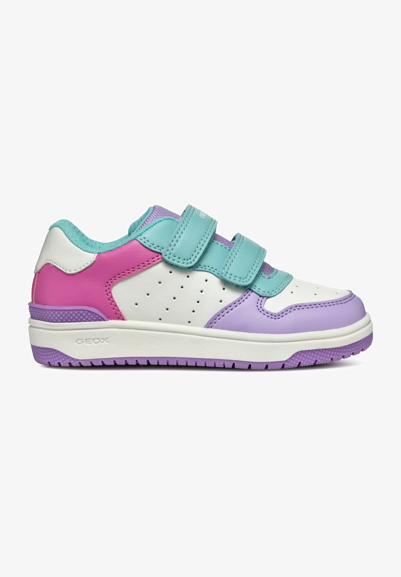 Sneaker in velcro bianco, teal, rosa e viola. Presenta dettagli perforati, punta rotonda e suola texturizzata. Marchio Geox sul lato.