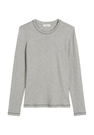 Langärmliges graues T-Shirt aus weichem Stoff, mit Rundhalsausschnitt, flachen Nähten und lockerer Passform. Keine Muster oder Verzierungen vorhanden.