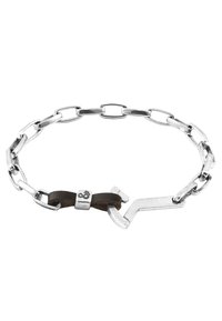 Silver chain bracelet with alternating link shapes; features a brown leather band and metal accents, including a unique hook clasp design.