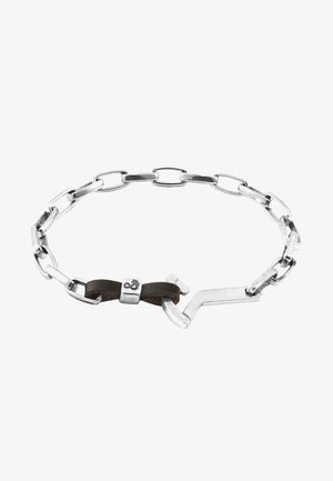Silver chain bracelet with alternating link shapes; features a brown leather band and metal accents, including a unique hook clasp design.
