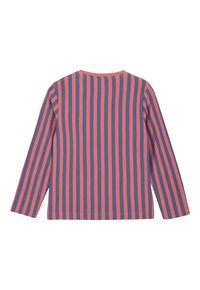 Langarmshirt met verticale strepen in afwisselend mauve roze en gedempt paars, vlak van achteren weergegeven.